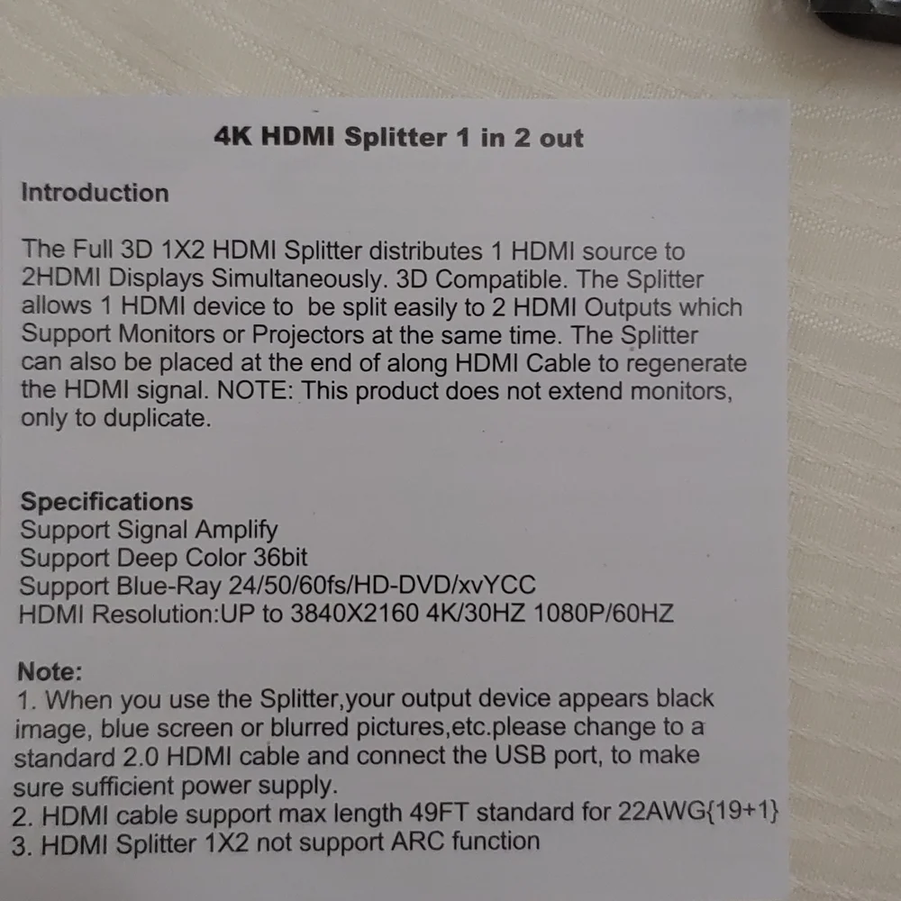 HDMI 4K Splitter 1 in 2 out New